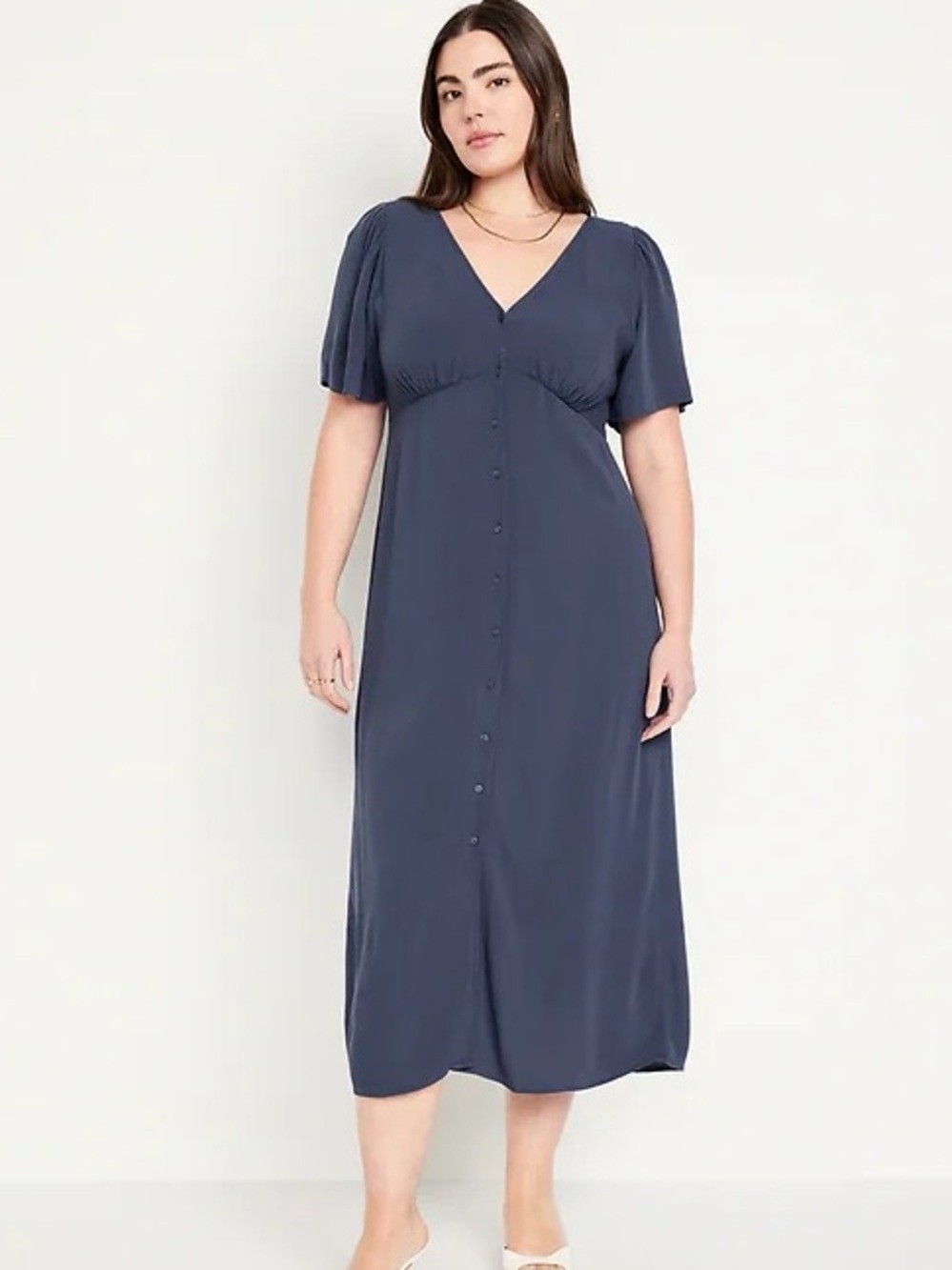 Old Navy Blue Button Down V-Neck Short Sleeve Midi Dress Large